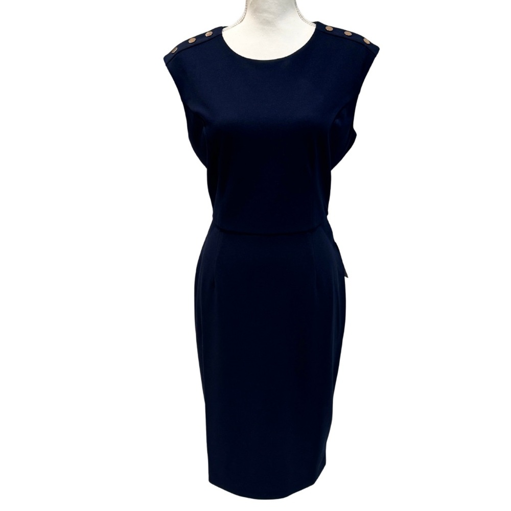 NWT Navy Blue Sleeveless Sheath Dress with Gold Button Hardware (8)